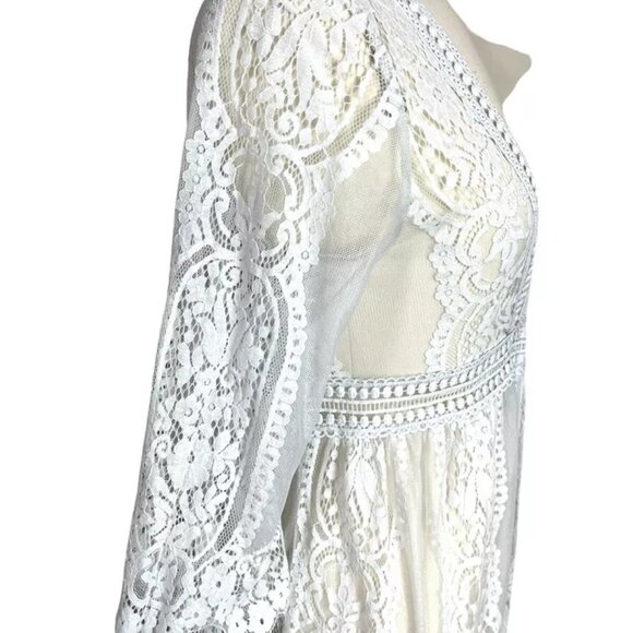 Lace Cover Up White M Fringe Bell Half Sleeve Long Embroidered Boho Hippie Beach - Picture 5 of 8